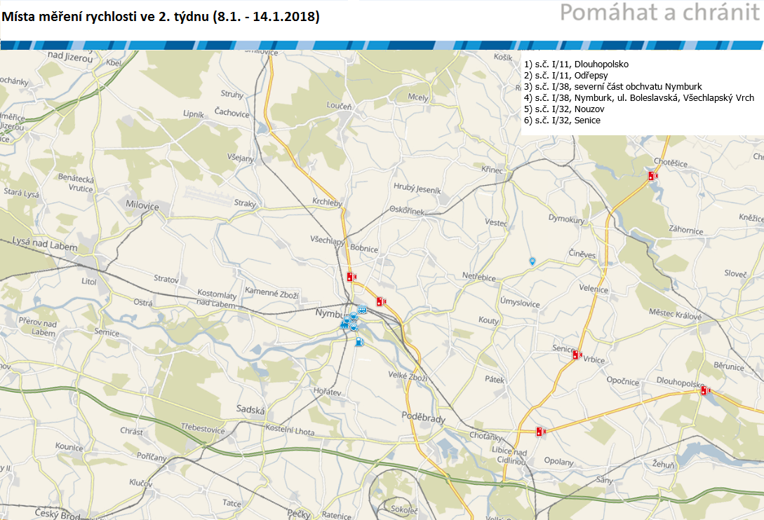 Mapa míst měření rychlosti na 2. týden